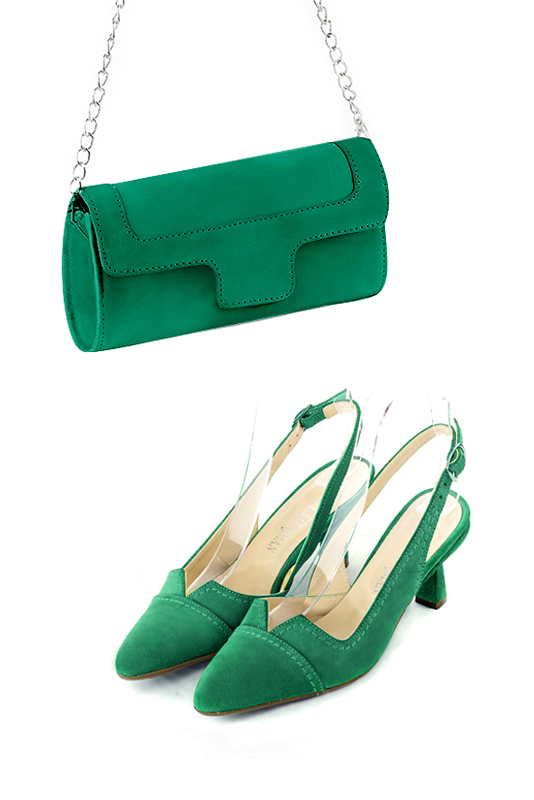 Dress clutch for wedding and parties in emerald green leather - Worn view